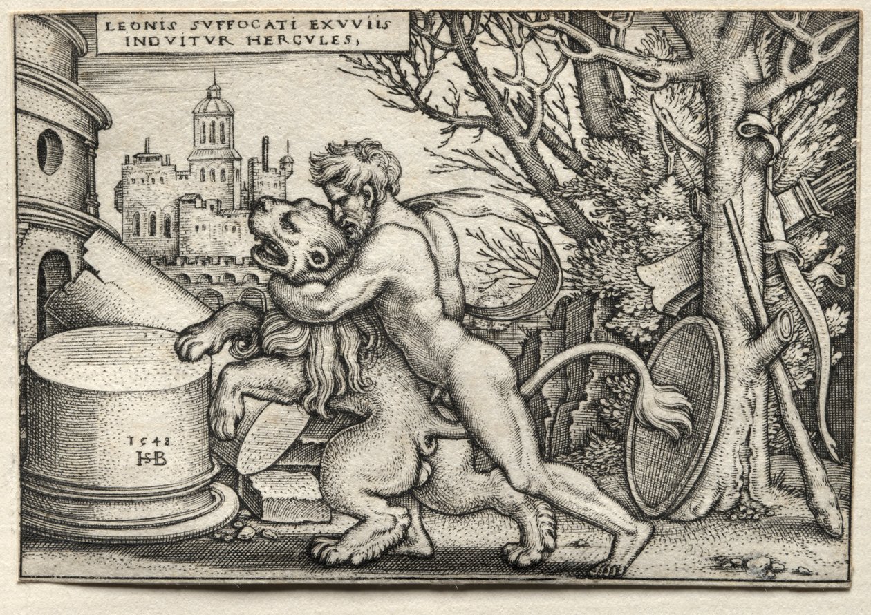 ヘラクレスの労働：ネメアンライオンを絞首刑にするヘラクレス、1548年。 作： ハンス・セバルド・ベハム