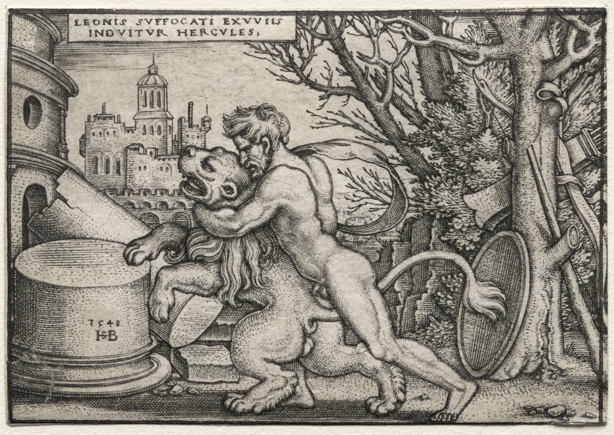 ヘラクレスの労働：ネメアンライオンを絞首刑にするヘラクレス、1548年。 作： ハンス・セバルド・ベハム