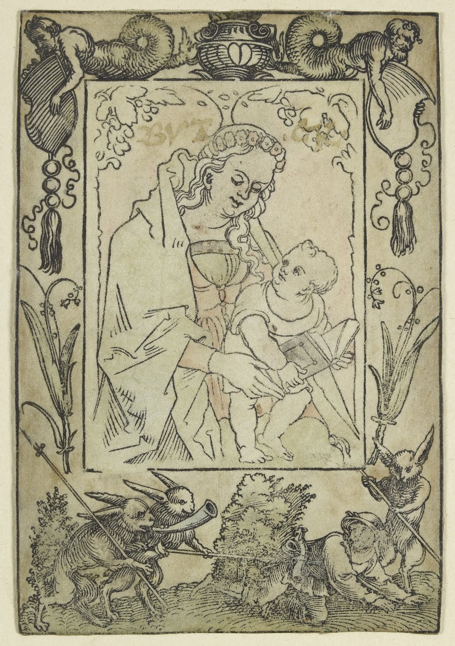 ハンターとウサギとの国境に囲まれた聖母子（木版画、水彩画で過労、羊皮紙に印刷） 作： ハンス・セバルド・ベハム