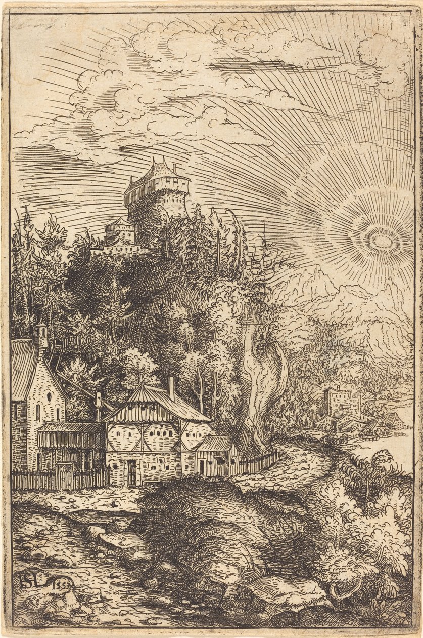 城と輝く太陽のある風景、1553年。 作： ハンスセバルドローテンサック