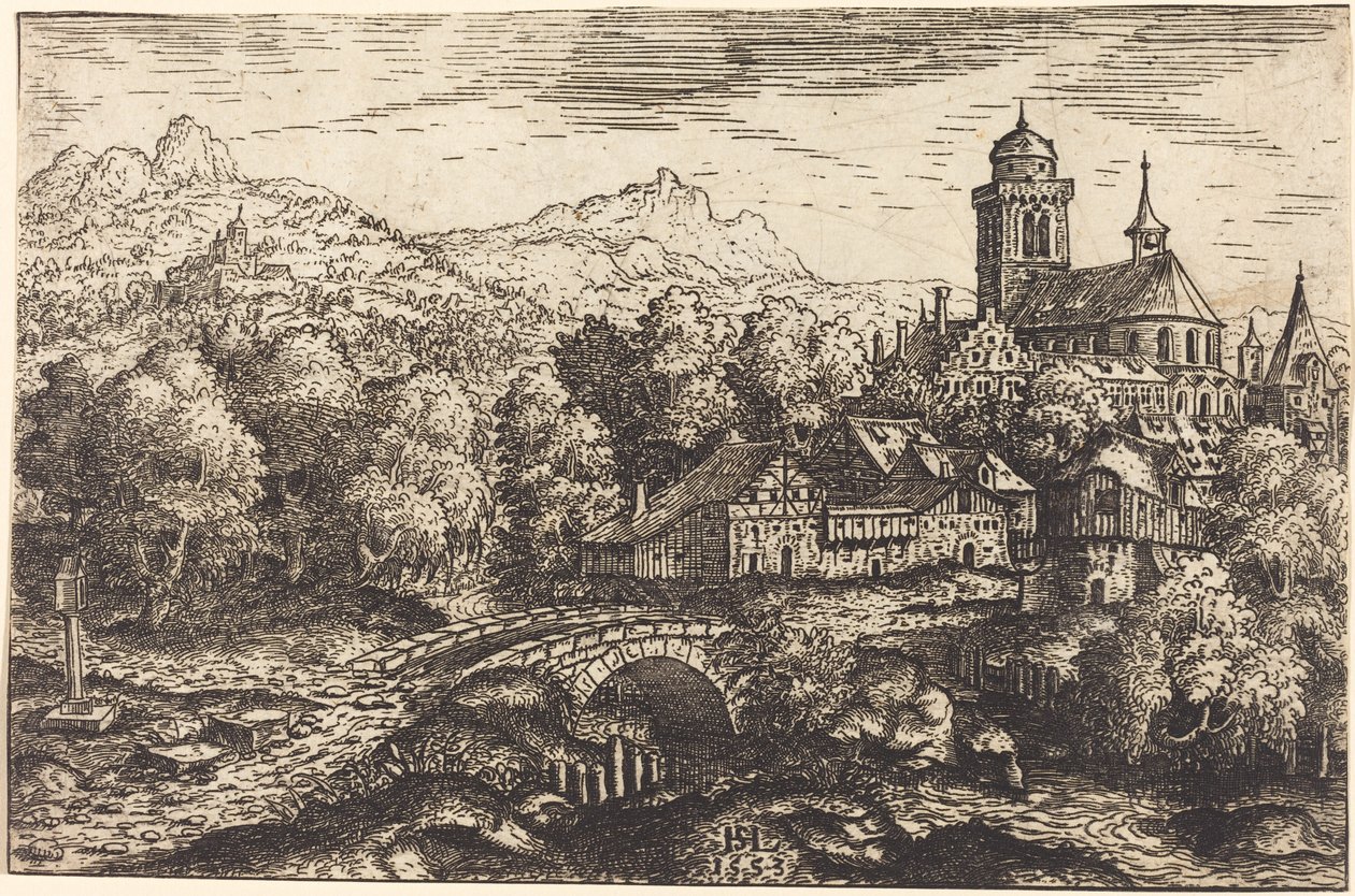 村のある山岳風景、1553年。 作： ハンスセバルドローテンサック