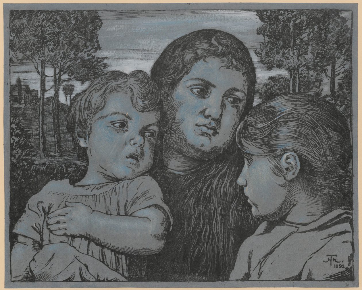 風景を背景に二人の子どもと描かれた画家の妻チェリの肖像 作： ハンス・トーマ