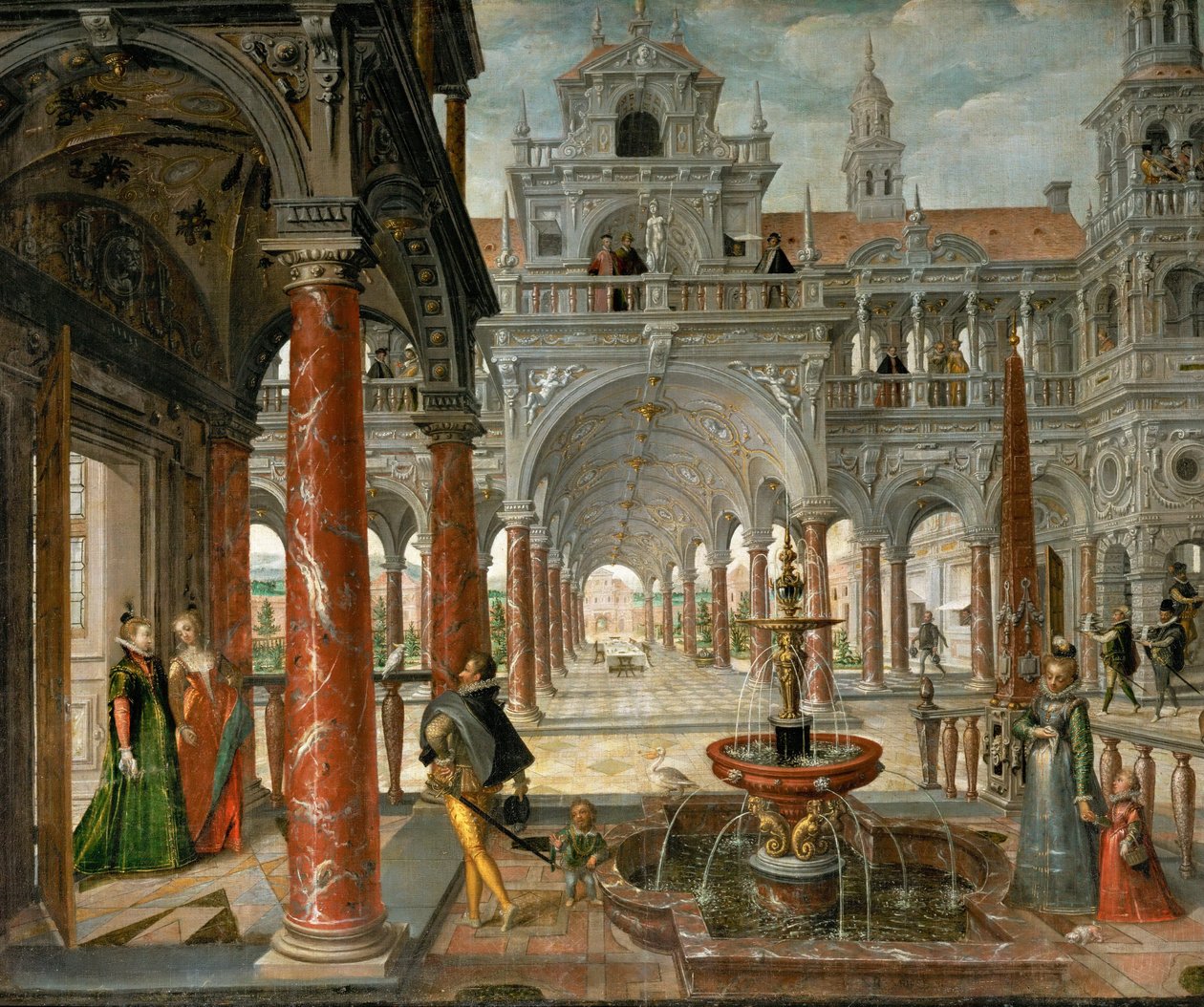 Un palais avec des visiteurs distingues - Palace with distinguished visitors - Hans Vredeman de Vries (Jan de Vriese ou Friedman de Frise) (1526-1606)。キャンバスに油彩、1596年頃。サイズ：137x164 cm。ヴィエンヌ美術史博物館 作： ハンス・フレデマン・デ・フリース