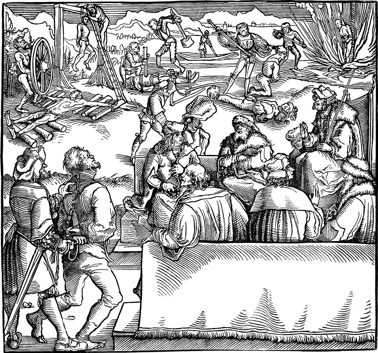 裁判所のセッション。 1532年のペトララークによる 『フィジッケ・アゲインスト・フォーチュン』のイラスト 作： ハンス・ワイディッツ・ザ・ヤング