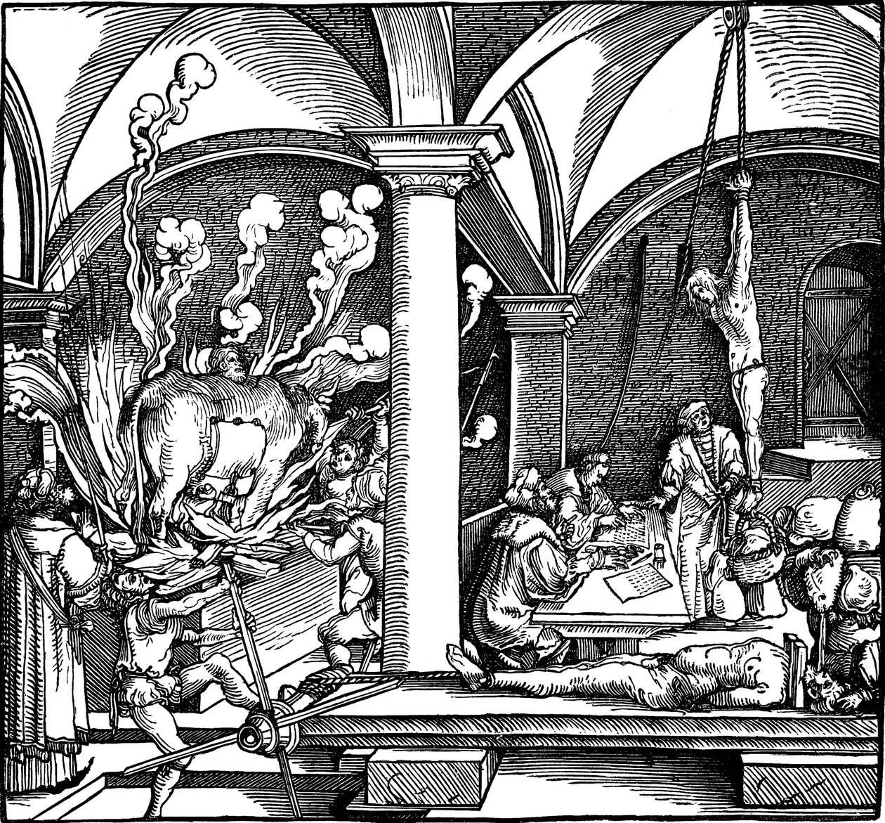 拷問。 1532年のペトララークによる 『フィジッケ・アゲインスト・フォーチュン』のイラスト 作： ハンス・ワイディッツ・ザ・ヤング