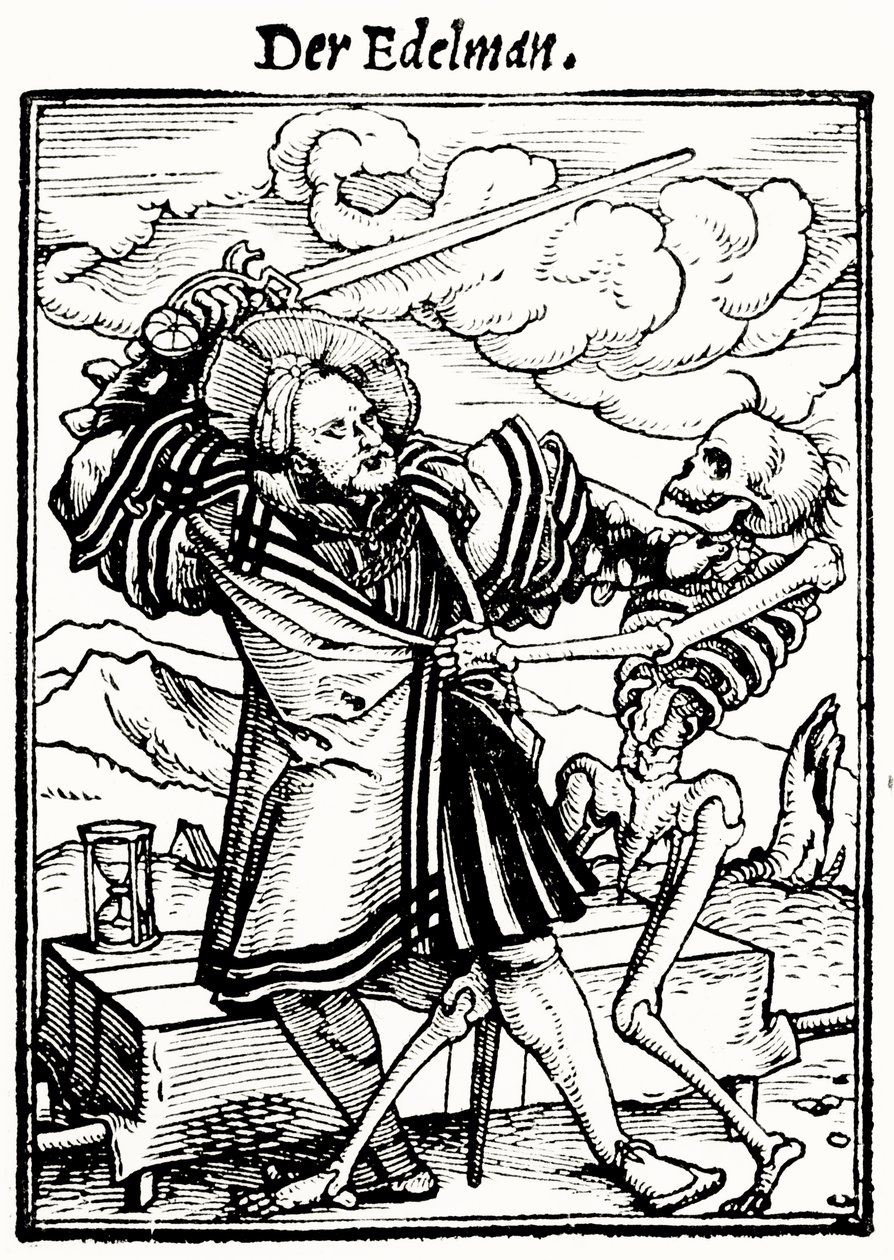 ハンス・ラッツェルバーガーによって刻まれた「死のダンス」の死と貴族、1538年頃 作： ホルバイン・ザ・ヤンガー後のハンス