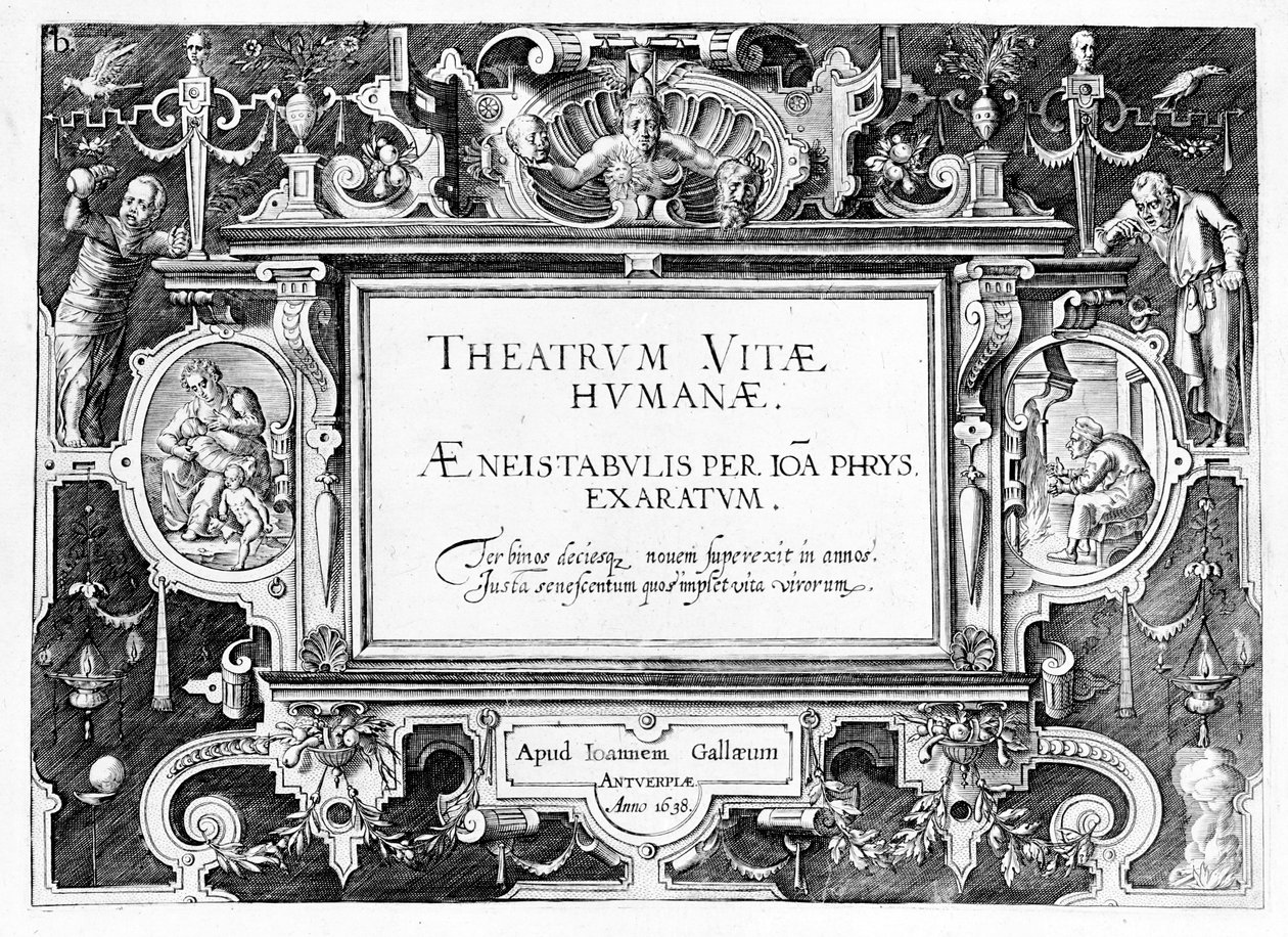ヨハネスWierix（1549-c.1618）によって刻まれた「Theatrum Vitae Humanae」のタイトルページは1638年に再版されました 作： ハンスまたはヤン・フレデマン・ド・フリース