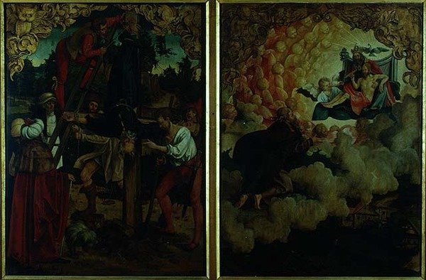 S.S.ペテロとパウロ祭壇画の物語：LtoRの聖ペテロの磔刑、天に昇る聖パウロ（パネルに油彩）（詳細） 作： ハンス・フォン・クルムバッハ
