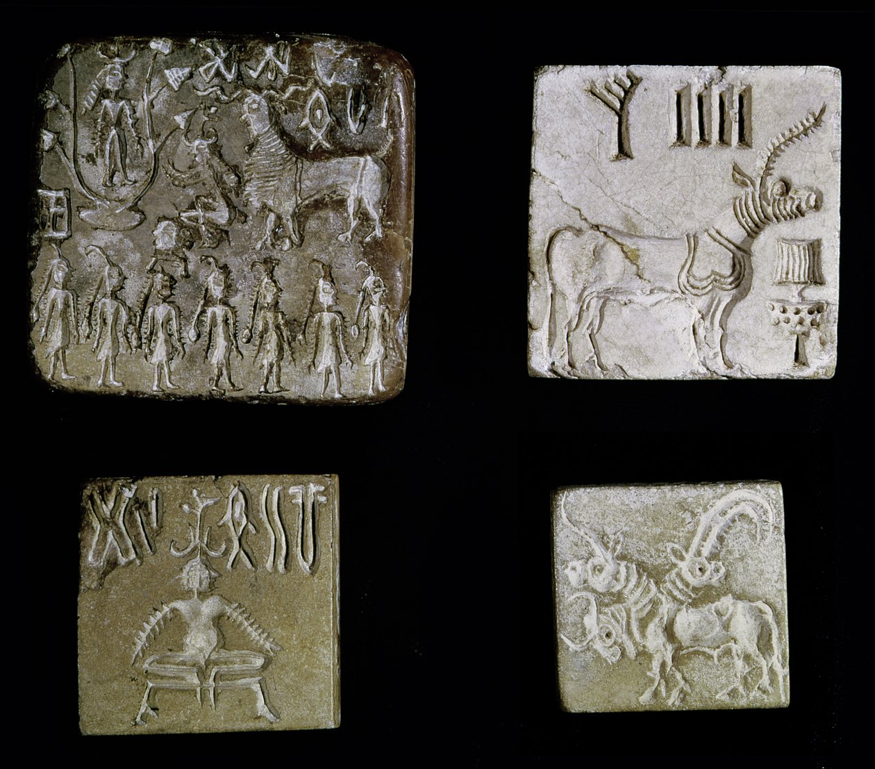 紀元前3000〜1500年にパキスタンのインダス渓谷にあるモヘンホダロの神話上の動物を描いた4つのアザラシ 作： はらっぱん