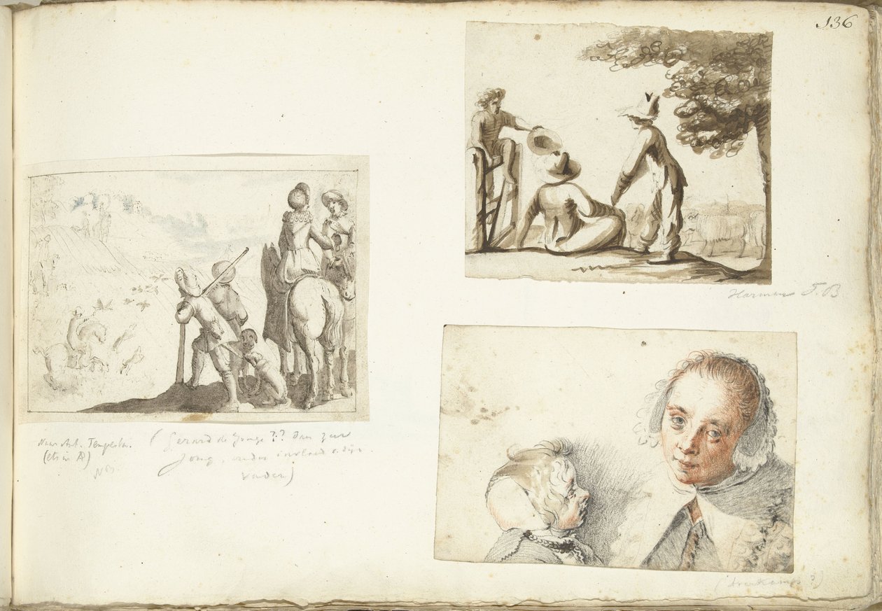 ハヤブサを連れたハンター、羊飼いの少年、妻子 作： Harmen ter Borch