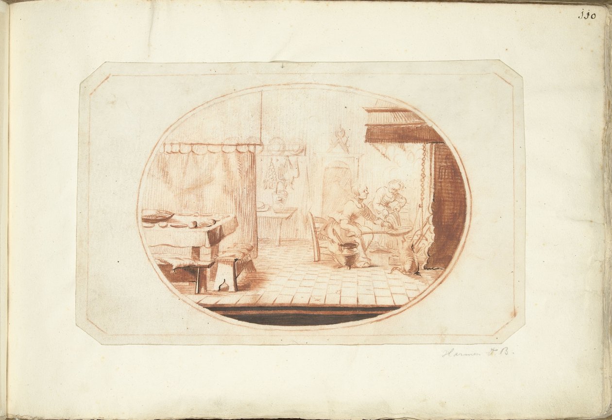 楕円形の 2 人の女性と猫のキッチン インテリア 作： Harmen ter Borch