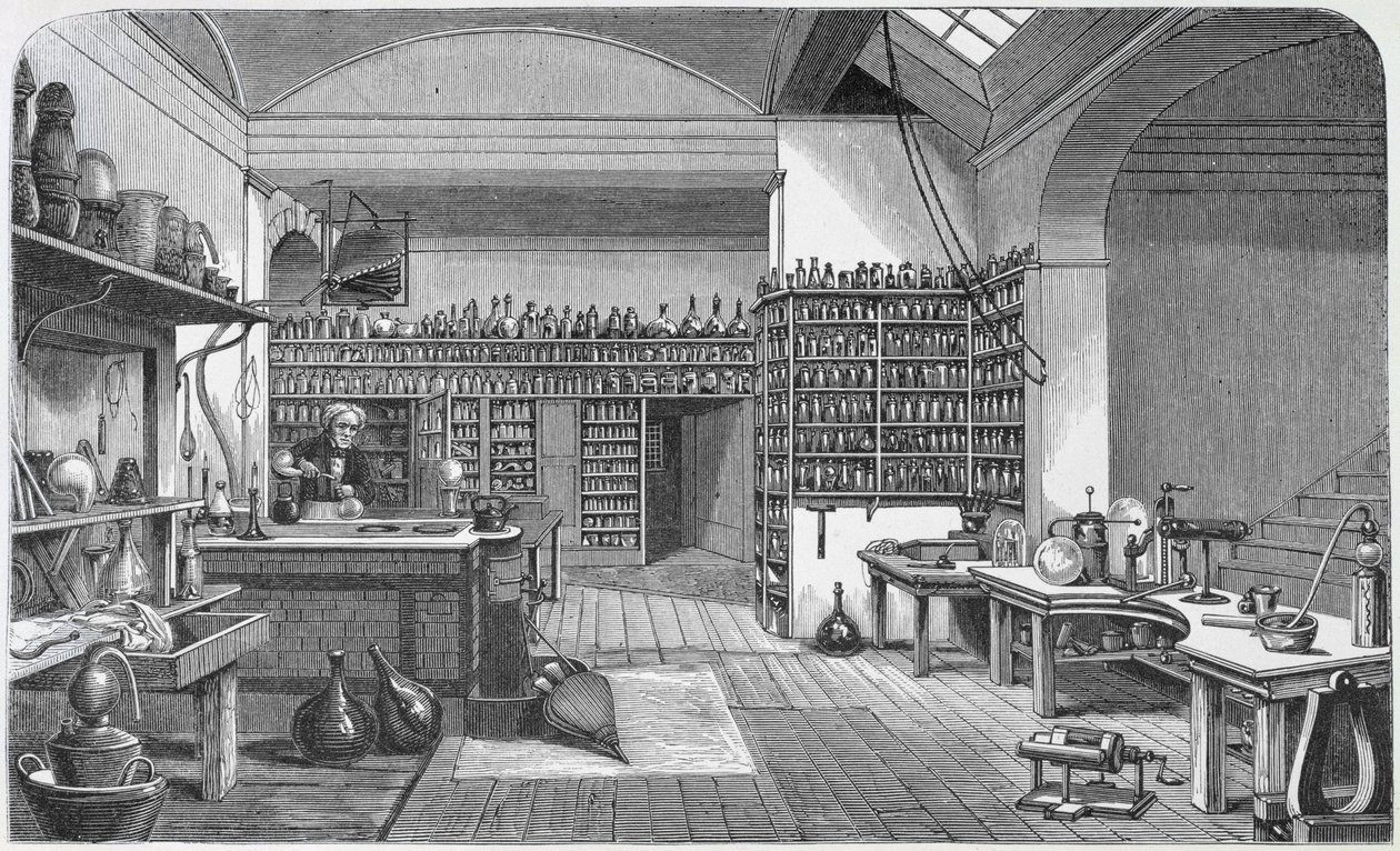 ヘンリーベンスジョーンズの「ファラデーの生涯と手紙」からの彼の地下室でのマイケルファラデー（1791-1867）、1870年、1869年公開 作： ハリエットジェーンムーア
