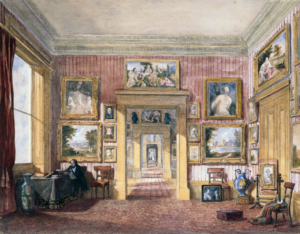 チェルトナム、サーレスタイン・ハウスのダイニングルーム 1843年頃（水彩画） 作： Harriet Rushout（attr。To）ボウル