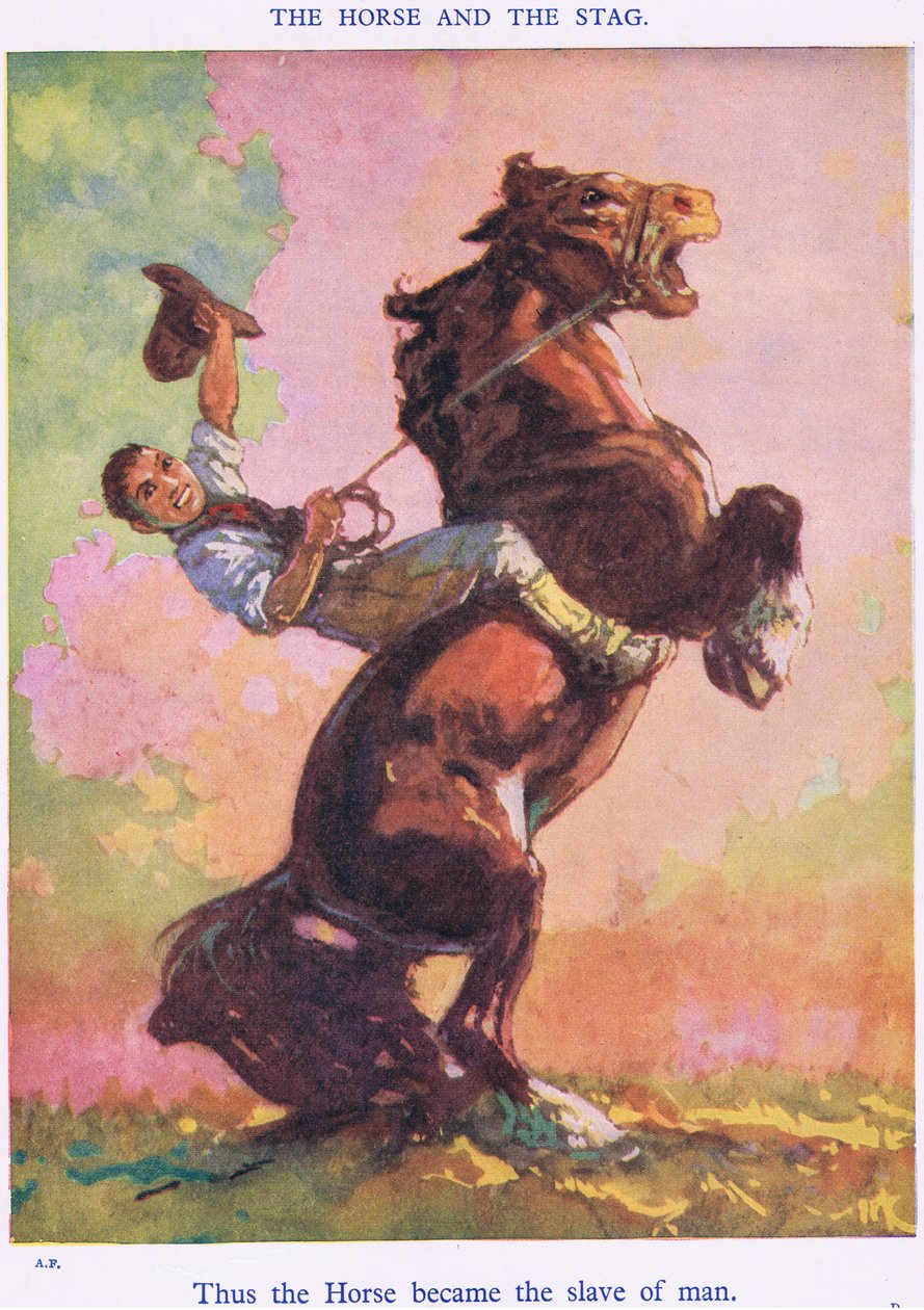 このようにして馬は人間の奴隷となった（馬と雄鹿から） 作： ハリー (1878～1950) ロントリー