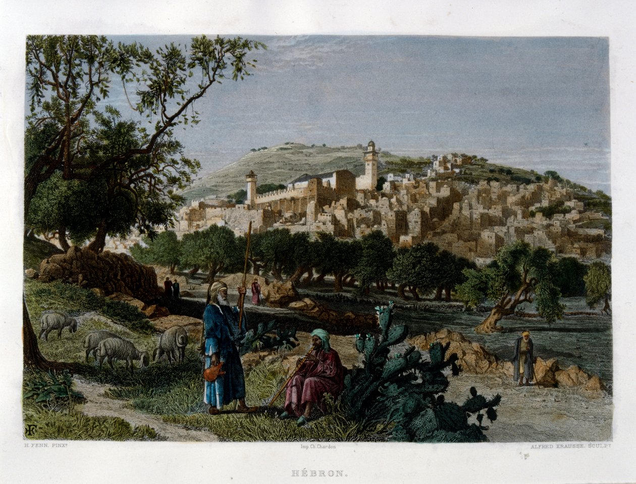 ヘブロン、アルフレッド・クラウスがハリー・フェンの写真をもとに彫刻したもので、1875年頃に『Picturesque Palestine』に掲載された。 作： ハリー）フェン