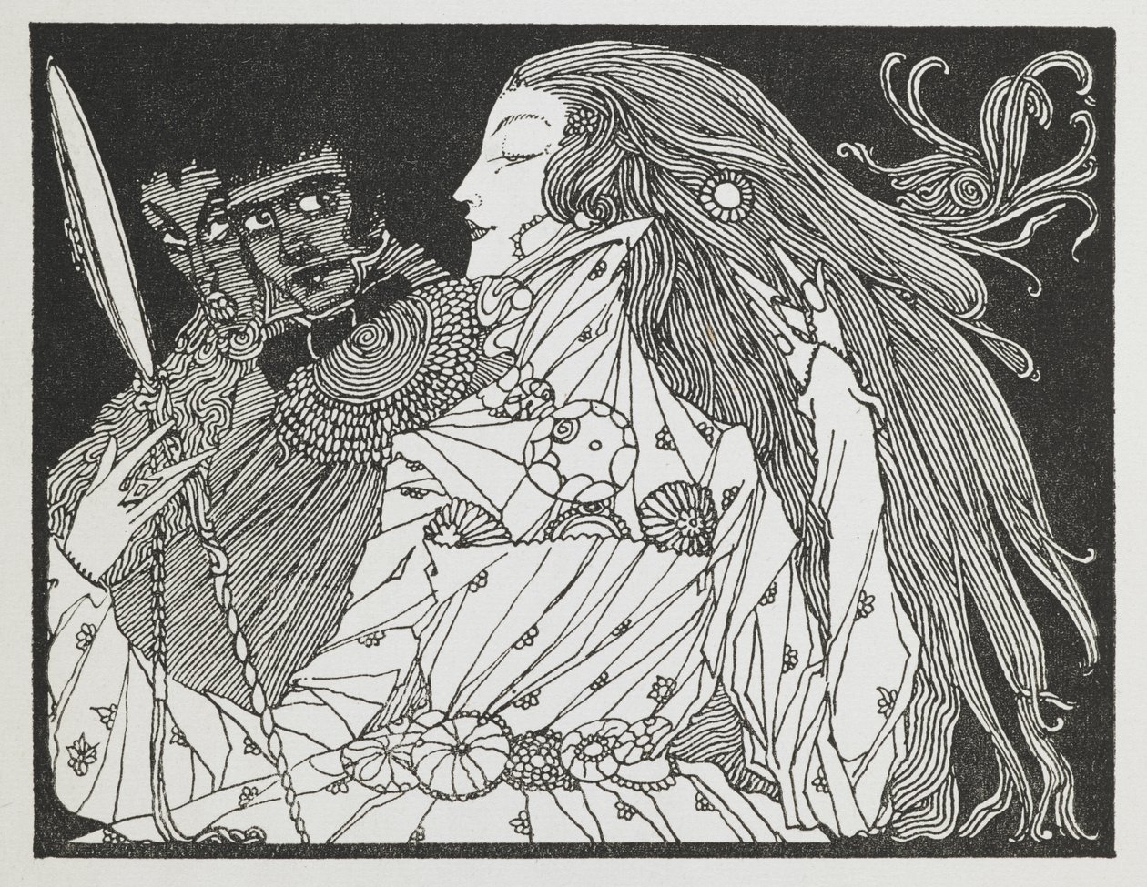 シンデレラ』の挿絵。手鏡に映った自分の姿を見ている女性。 作： ハリー・クラーク