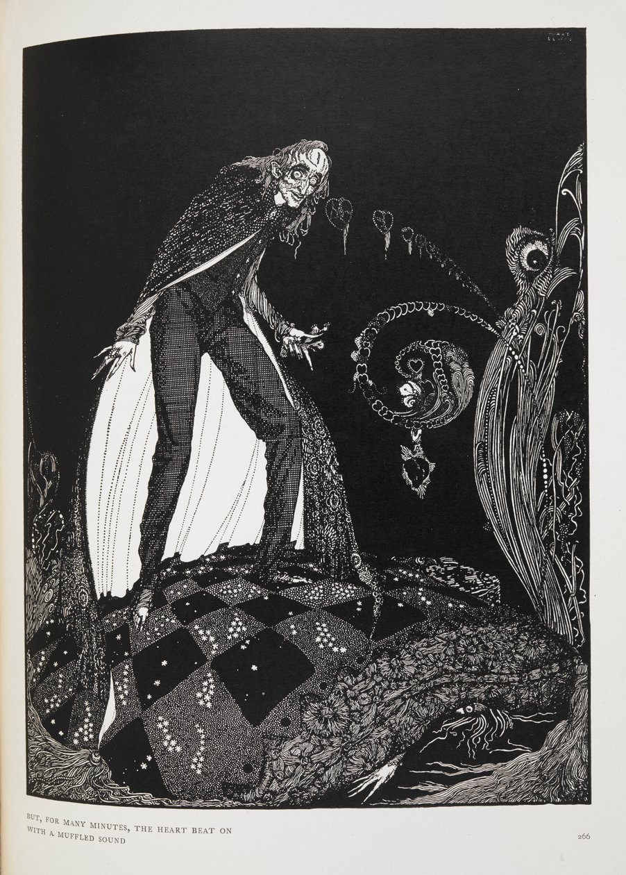 しかし、何分間も、心臓はかすれた音で鼓動を続けていた』」。短編小説『告げ口心臓』の挿絵。老人をベッドで窒息させる語り手。 作： ハリー・クラーク