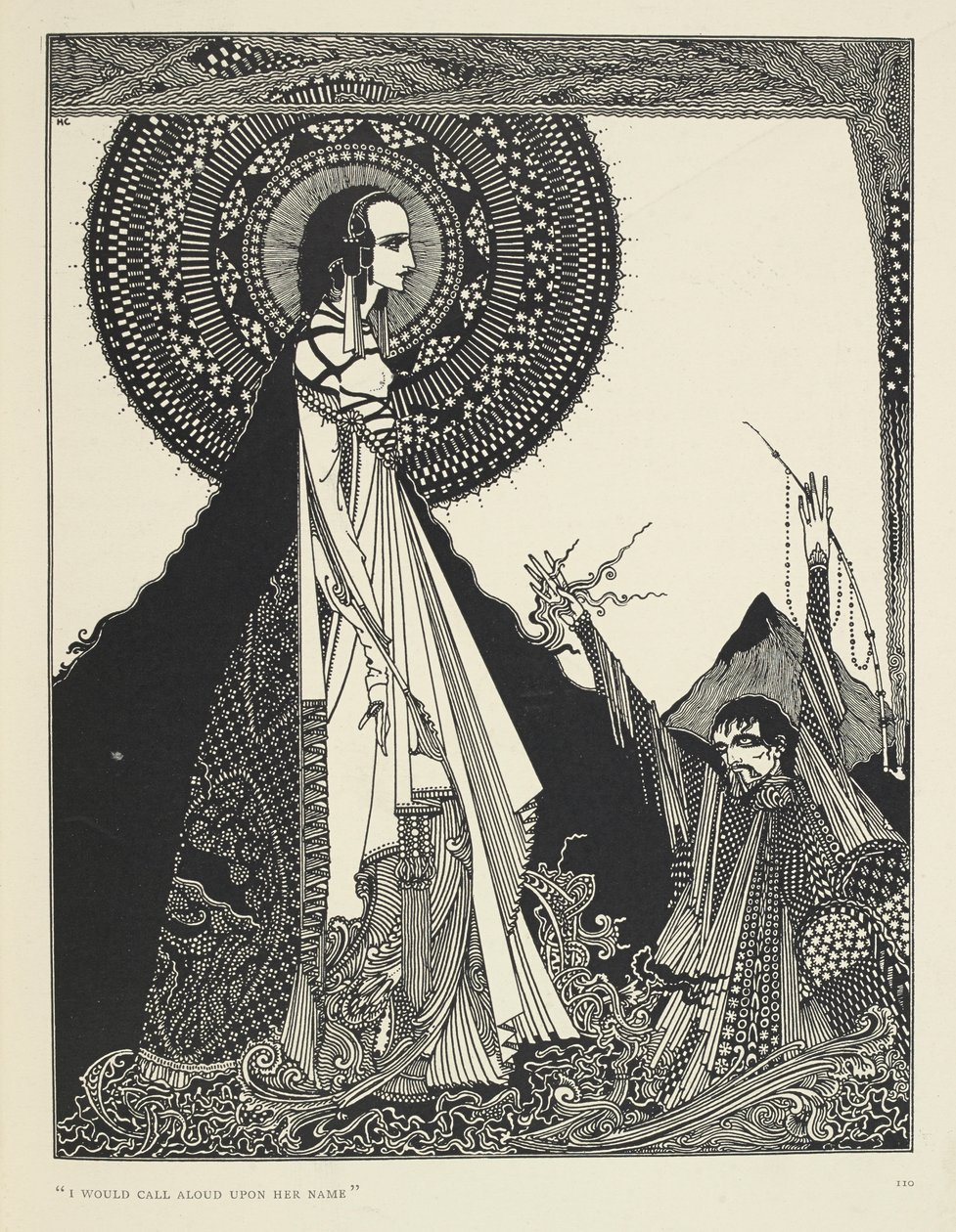 "私は彼女の名を大声で呼ぶだろう"。短編小説 "Ligeia "の挿絵。
"Ligeia "はエドガー・アラン・ポーの短編小説。無名の語り手と、美しく聡明な鴉の髪の女性である妻リギアの物語。彼女は病に倒れ、"Th 作： ハリー・クラーク