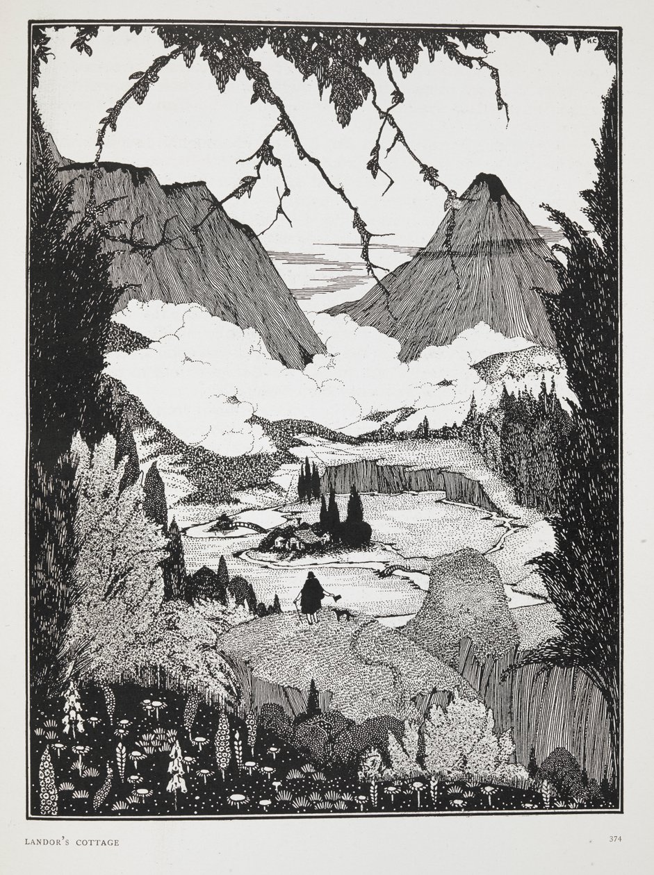 ランドールの別荘」の挿絵。山の風景。 作： ハリー・クラーク