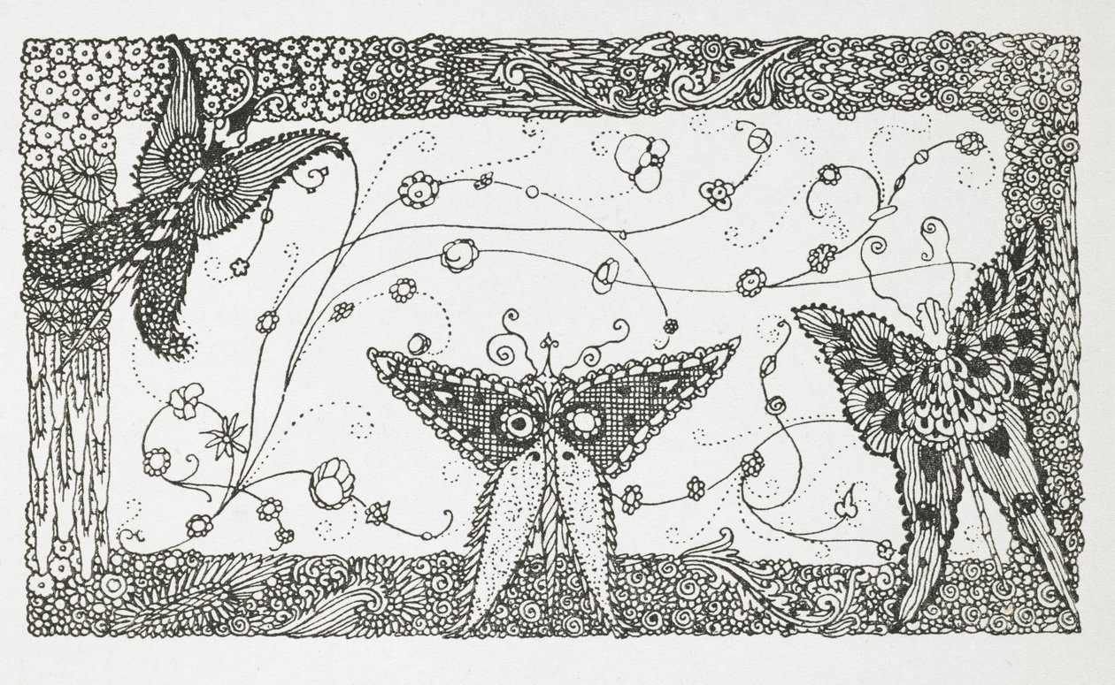 長靴をはいた猫」の挿絵。蝶のデザイン。 作： ハリー・クラーク