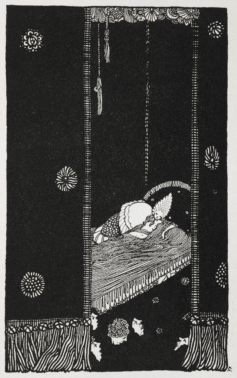 森の眠れる森の美女」の挿絵。ベッドの上の眠れる森の美女。 作： ハリー・クラーク