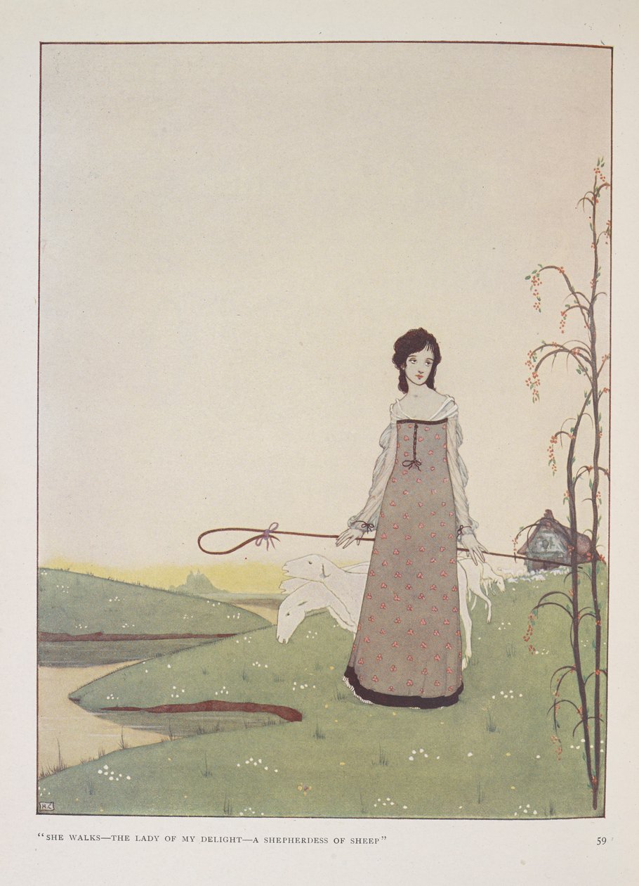 "彼女は歩く、私の喜びの女性、羊の羊飼い"アリス・マイネル作『羊飼いの女』の挿絵。 作： ハリー・クラーク