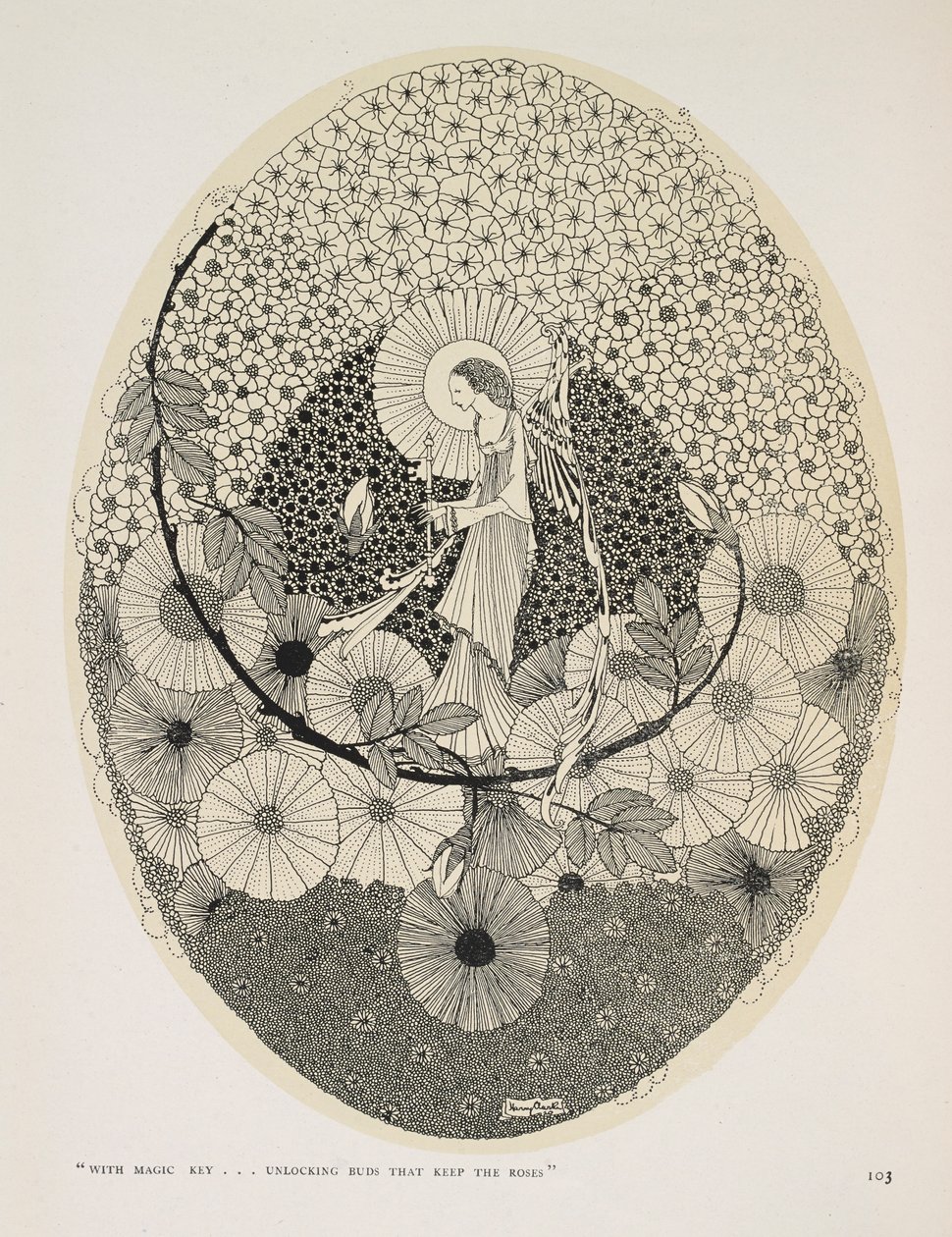 来る春へ。"魔法の鍵で...バラを保つ芽を開く". 作： ハリー・クラーク
