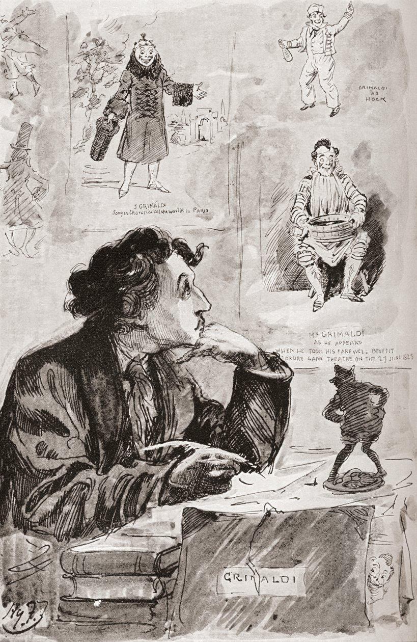 グリマルディの思い出。 1910年に出版されたThe Testimonial Editionから、チャールズ・ディケンズの小説ジョセフ・グリマルディの回想録のためにハリー・ファーニスが描いた挿絵。 作： ハリー・ファーニス