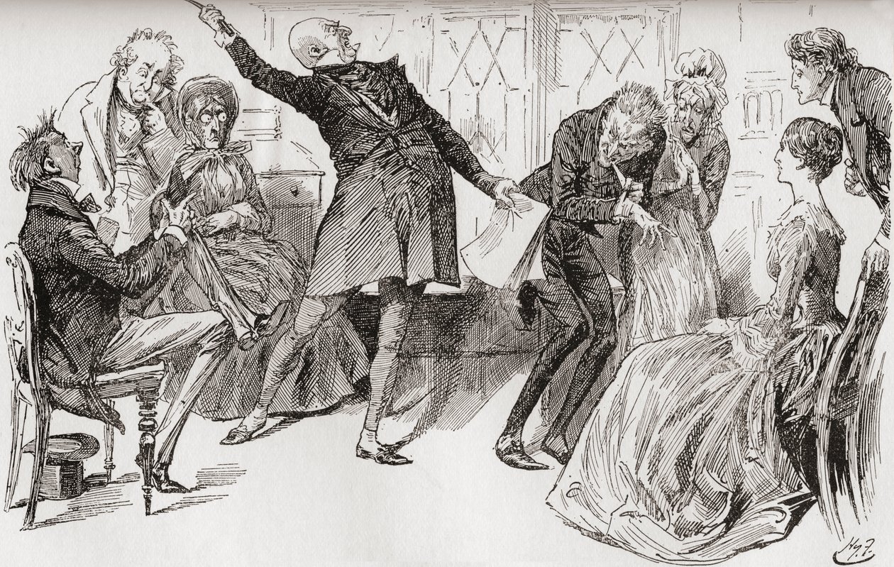 O Sr. Micawber Atinge a Queda de Heep. “O floreio triunfante com que o Sr. Micawber proferiu as palavras teve um efeito poderoso em alarmar a mãe, que gritou com muita agitação: “Ury! Ury! Seja humilde e faça um acordo, minha querida!" Illu 作： ハリー・ファーニス