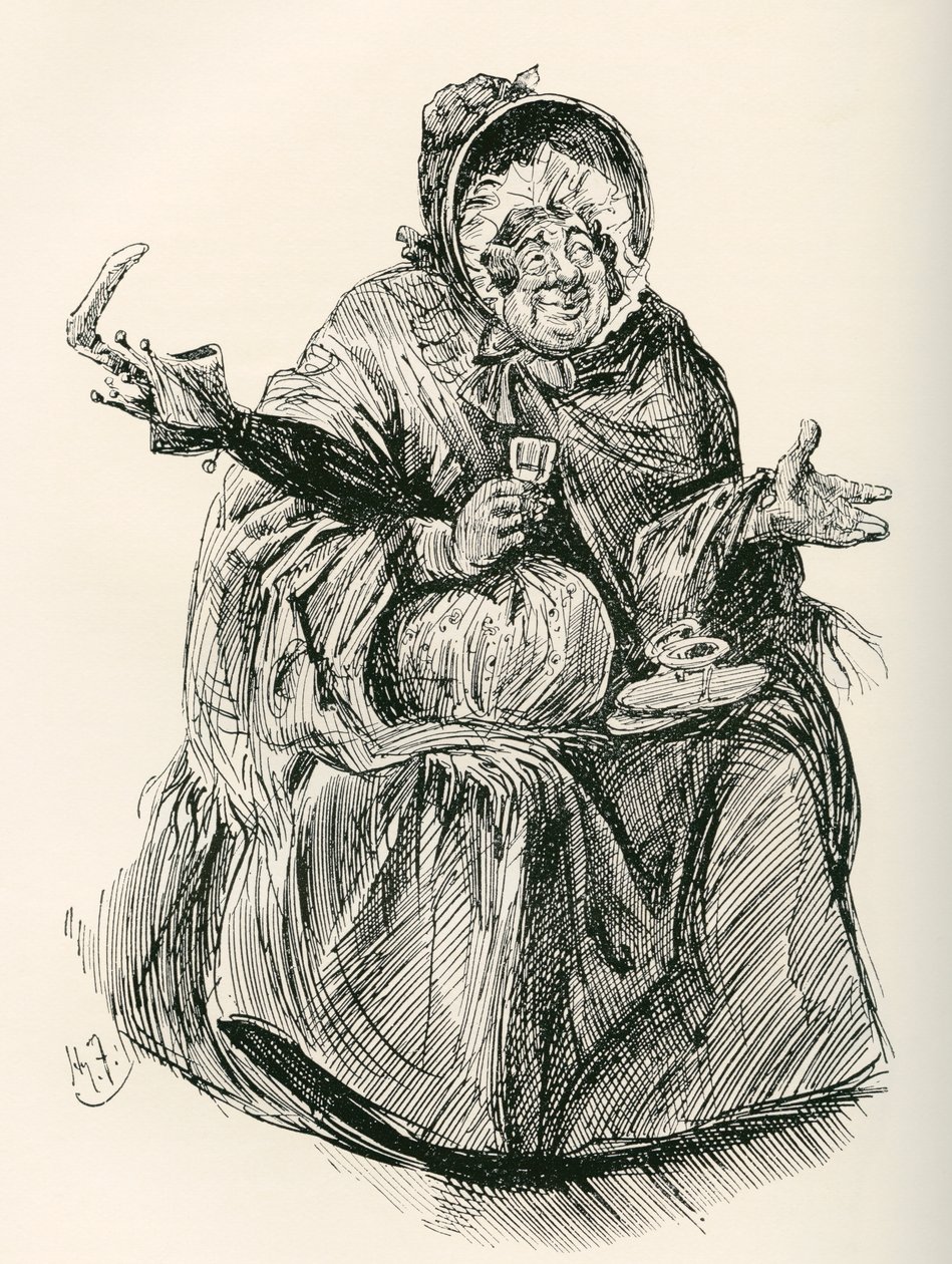 Sra. Gamp. Ilustração de Harry Furniss para o romance de Charles Dickens, Martin Chuzzlewit, da The Testimonial Edition, publicado em 1910. 作： ハリー・ファーニス