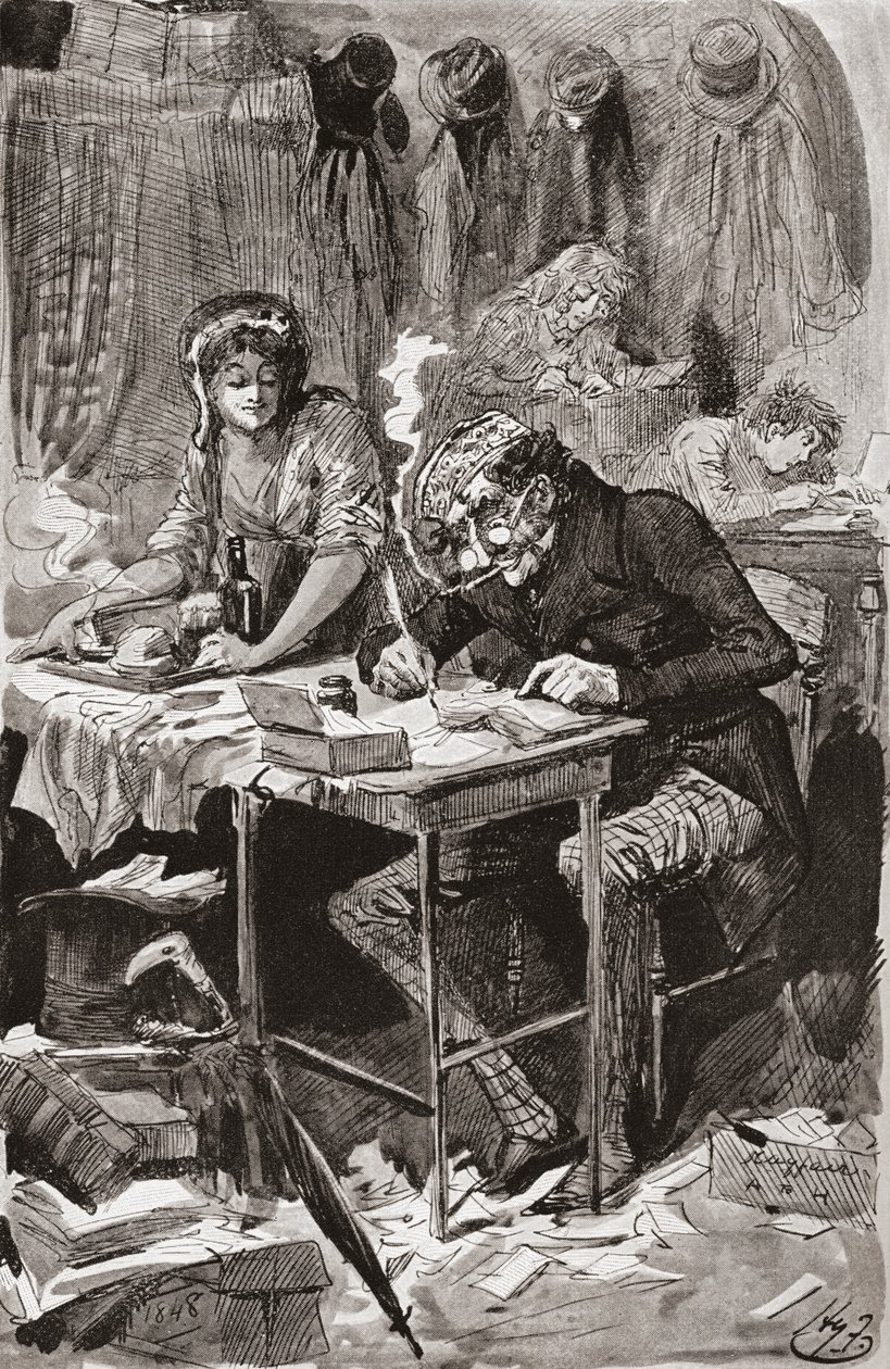 Kerjäävä kirjeen kirjoittaja. Harry Furnissin kuvitus Charles Dickensin romaanille Great Expectations, The Testimonial Edition -julkaisusta, joka julkaistiin vuonna 1910. 作： ハリー・ファーニス