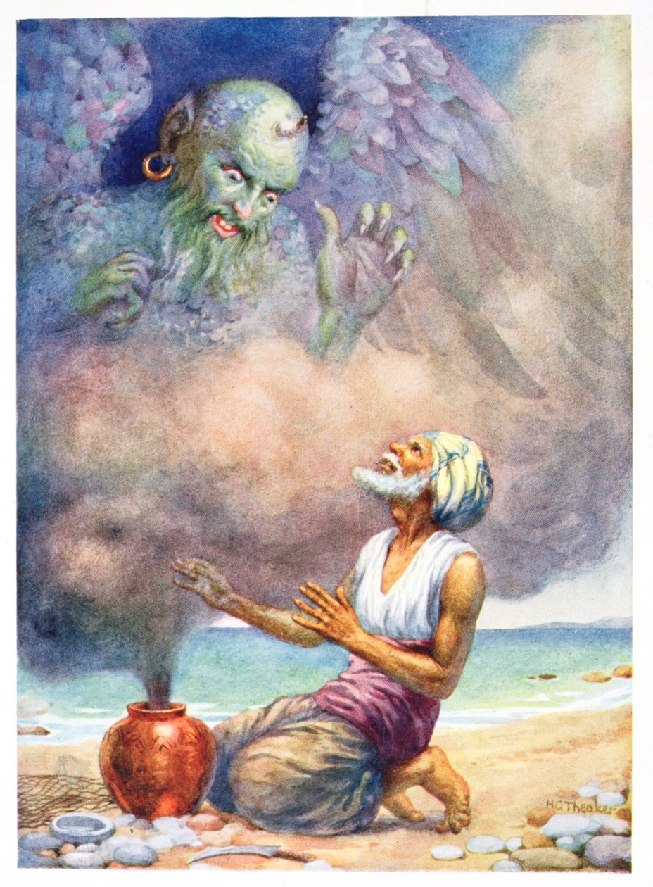 ローズ・イートマン・ウルフ作『アラビアンナイト童話集』の挿絵「壷から逃げる精霊」、1920年頃（カラーリトグラフ） 作： ハリー・ジョージ・ティーカー