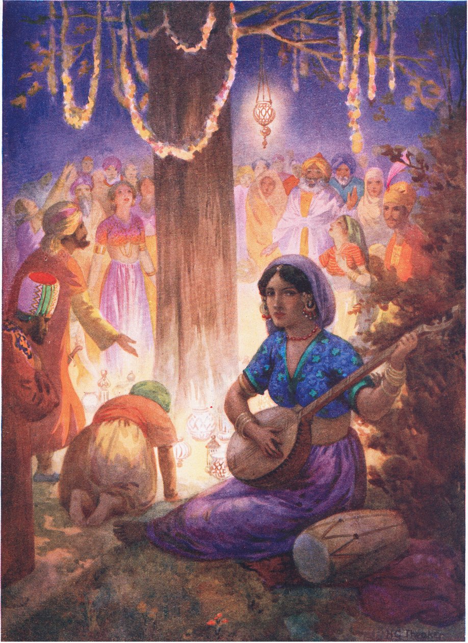 彼らは花輪とランプと音楽を持ってやってきた。1930年代頃の「Childrens Stories from Indian Legends」（カラーリトグラフ）の挿絵「Kings Column」より。 作： ハリー・ジョージ・ティーカー