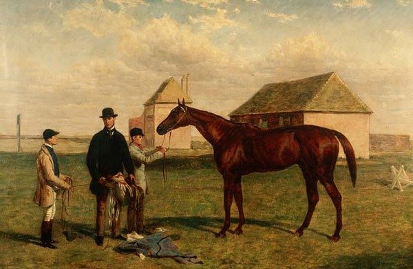 栗毛の競走馬「サンダーボルト」とオーナー、ジョッキー 作： ハリーホール