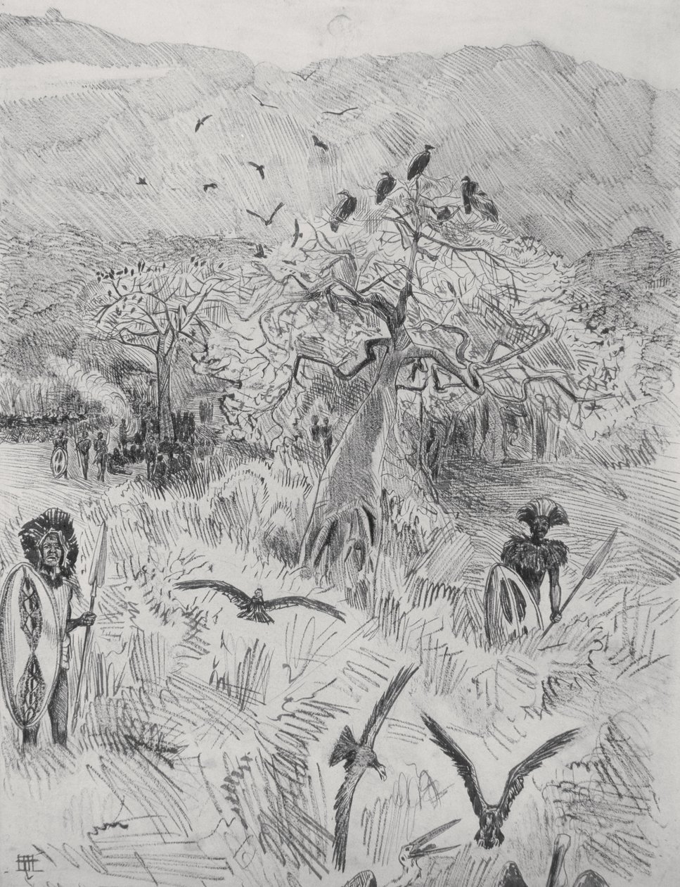 マサイキャンプ、1884年（紙にペン） 作： ハリー・ハミルトン・ジョンストン