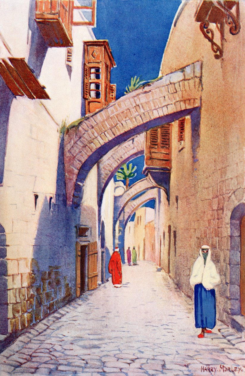ヴィア・ドロローサ、エルサレム、パレスチナ、1910年頃、リチャード・ペンレイク著『A Book of Modern Palestine』より。 作： ハリー・モーリー