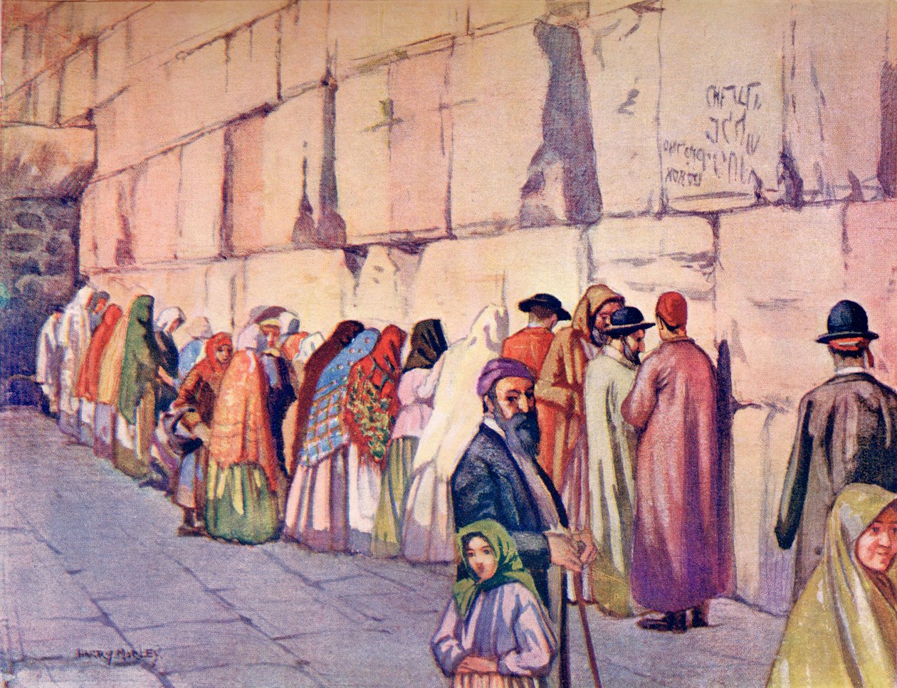 嘆きの壁、エルサレム、パレスチナ、1910年頃、リチャード・ペンレイク著『A Book of Modern Palestine』より。 作： ハリー・モーリー