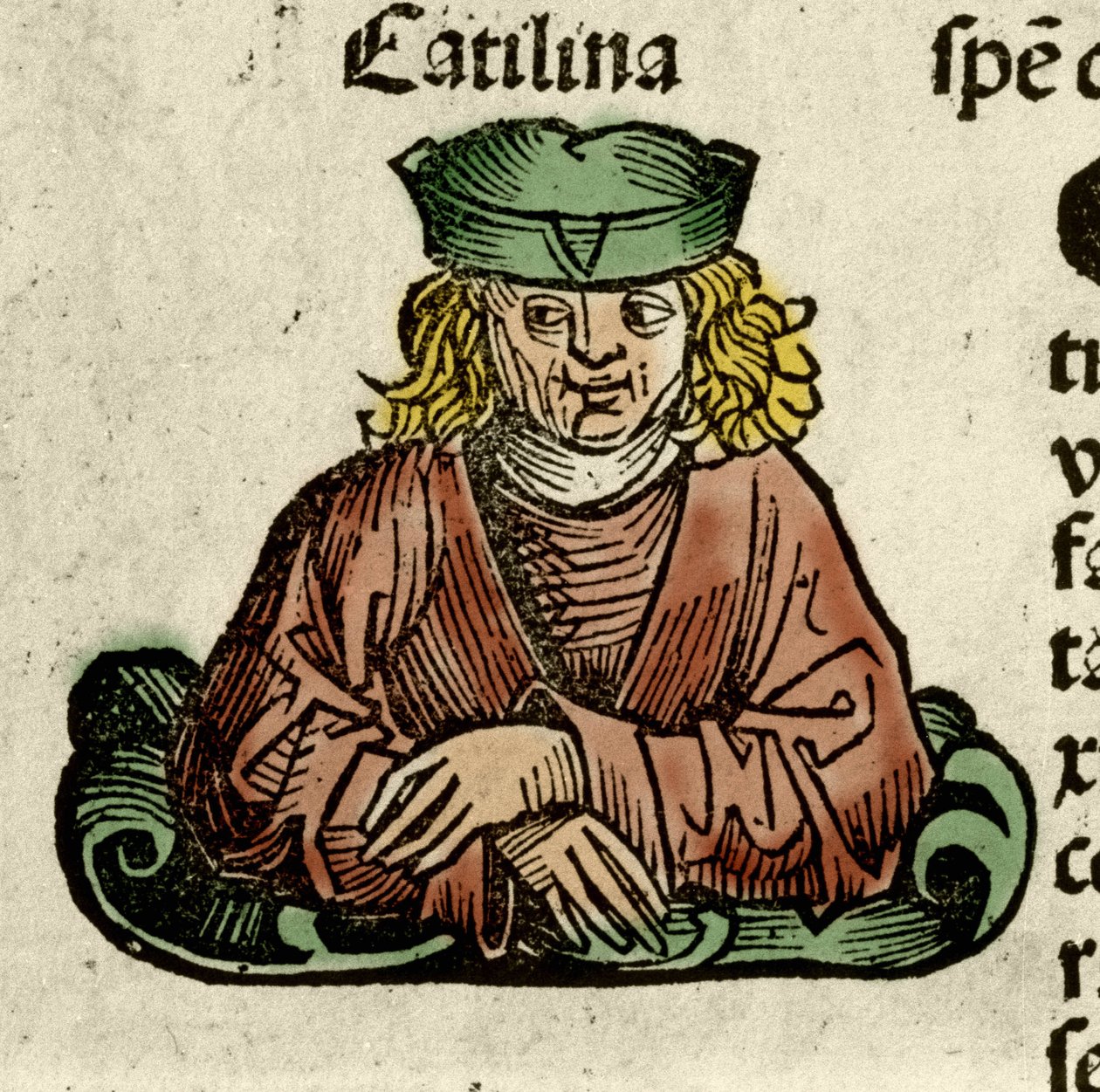 元老院に陰謀を企てたローマの政治家、カティリナ（Lucius Sergius Catilina）（紀元前108-62年）を表現したもの。ハルトマン・シェデルの『Liber chronicarum』からの版画 作： ハルトマン・シェデル
