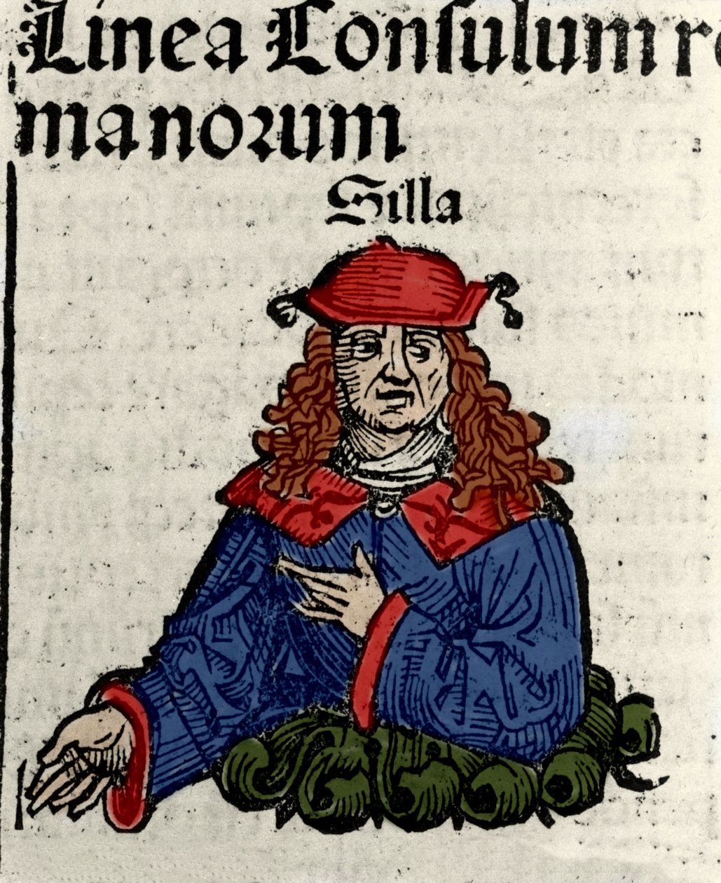 ローマの政治家Lucius Cornelius Sulla (Silla or Sylla) (紀元前138-68年) Hartmann Schedelによる「ニュルンベルクの年代記」のXylographyの表現 作： ハルトマン・シェデル
