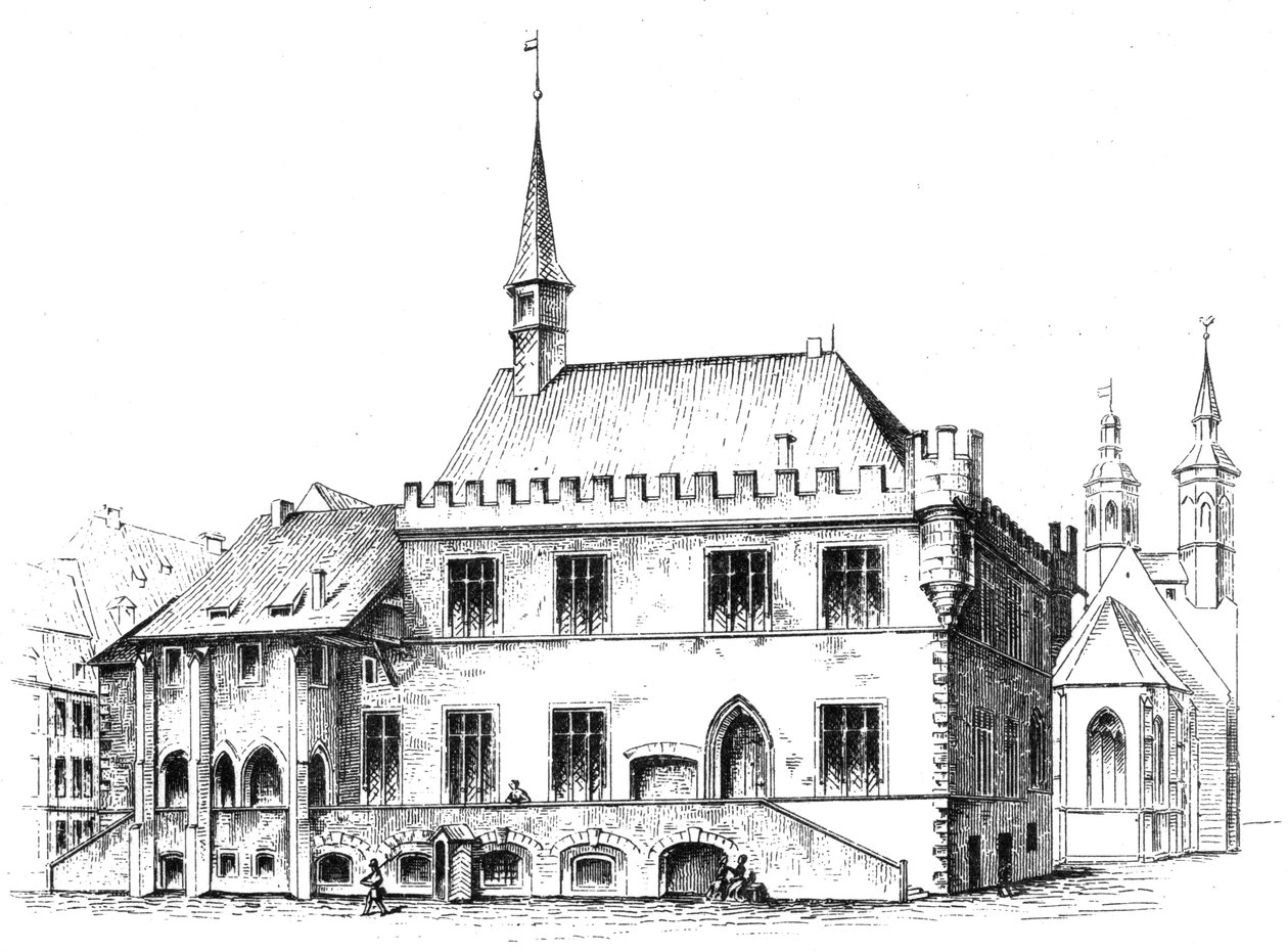 ニーダーザクセン州南部のゲッティンゲンにある旧市庁舎。1869年にHWHミソフによって描かれました。オリジナルのキャプション 作： ヘクター・ウィルヘルム・ハインリッヒ・ミソフ