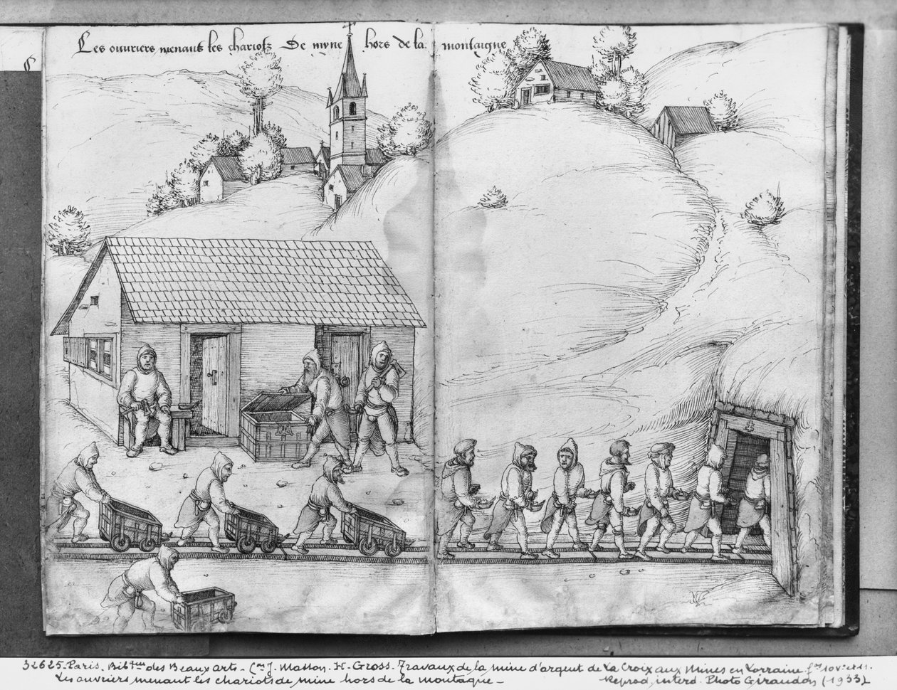 La Croix-aux-Mines、Lorraine、fol.10vおよびfol.11rの銀鉱山、トラックを押す鉱夫、c.1530（紙の上にペンとインクとトイレ） 作： ハインリッヒグロスまたはグロフ