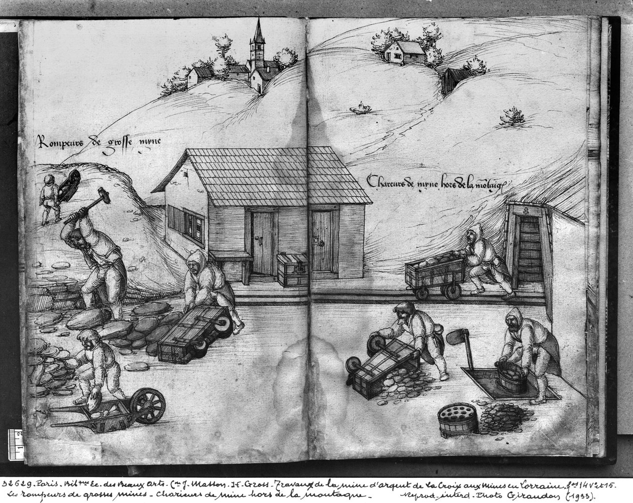 La Croix-aux-Mines、Lorraine、Fol.14v、Fol.15rの銀鉱山、鉱石の破砕と運搬、c.1530（紙の上にペンとインクとトイレ） 作： ハインリッヒグロスまたはグロフ