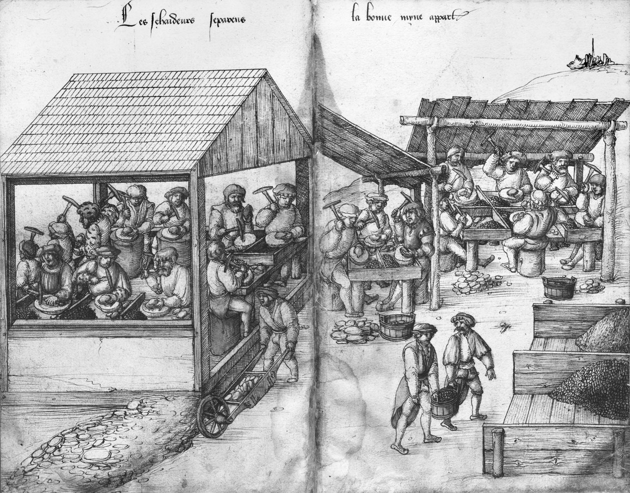 La Croix-aux-Mines、Lorraine、fol.15vおよびfol.16rの銀鉱山、鉱石を選別する鉱夫、c.1530（紙の上にペンとインクとトイレ） 作： ハインリッヒグロスまたはグロフ