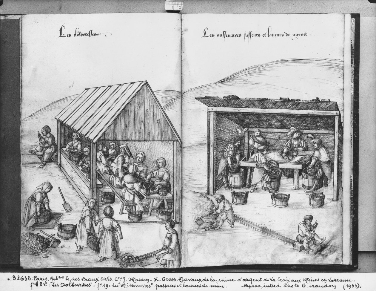 La Croix-aux-Mines、Lorraine、fol.18vおよびfol.19の銀鉱山、鉱石の選別と洗浄、c.1530（紙の上にペンとインクとトイレ） 作： ハインリッヒグロスまたはグロフ