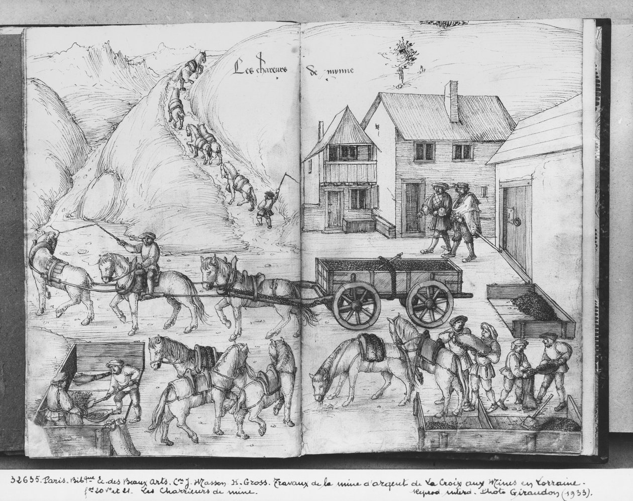 ラクロワオーマイン、ロレーヌ、fol.20vおよびfol.21rの銀鉱山、鉱石の輸送、c.1530（紙の上にペンとインクとトイレ） 作： ハインリッヒグロスまたはグロフ