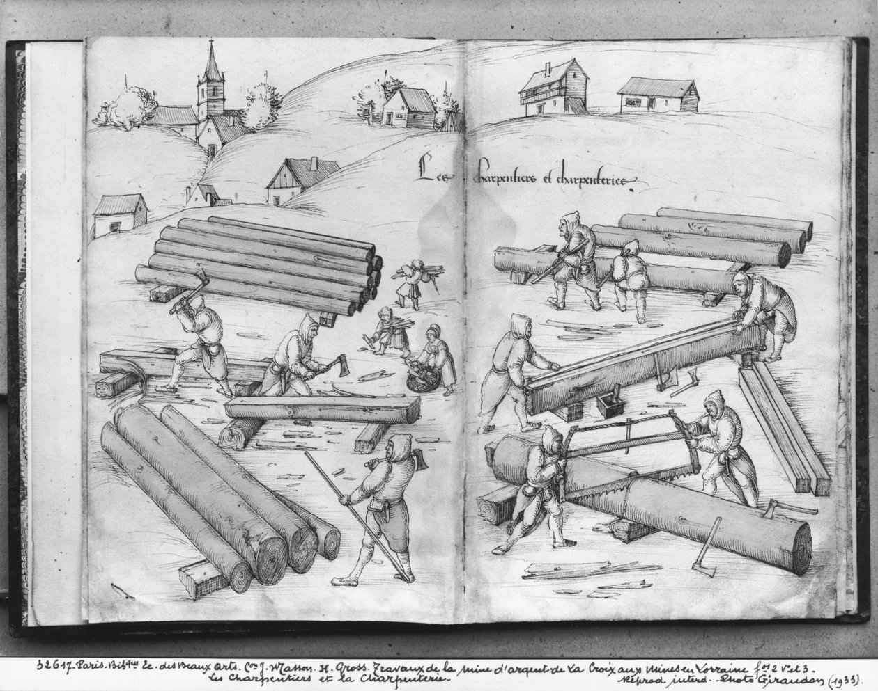ラクロワオーマイン、ロレーヌ、fol.2vおよびfol.3r、大工および大工の銀鉱山、c.1530（紙にペンとインクとトイレ） 作： ハインリッヒグロスまたはグロフ