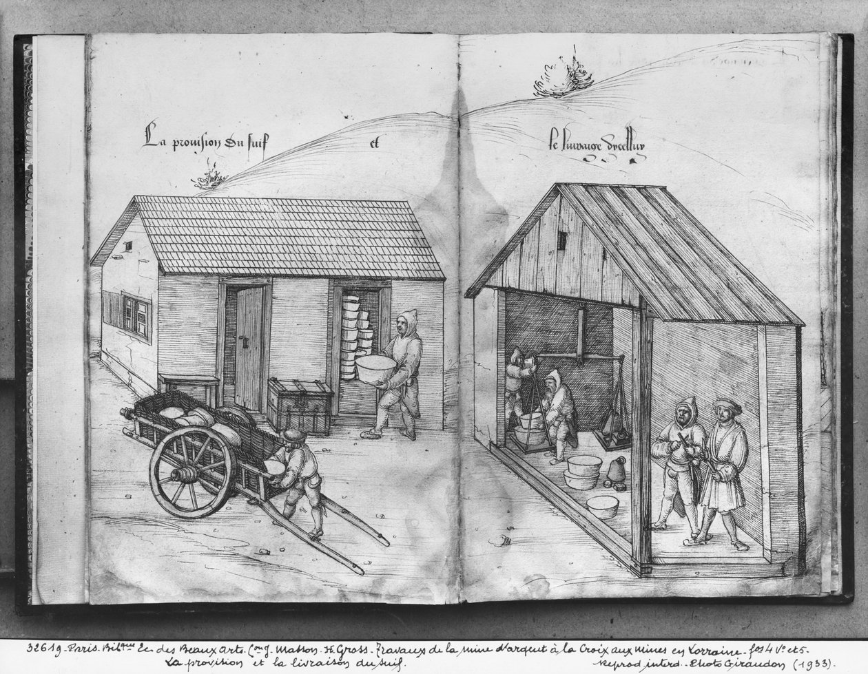 La Croix-aux-Mines、Lorraine、Fol.4v、Fol.5rの銀鉱山で、獣脂の供給と配送、c.1530（紙の上にペンとインクとトイレ） 作： ハインリッヒグロスまたはグロフ
