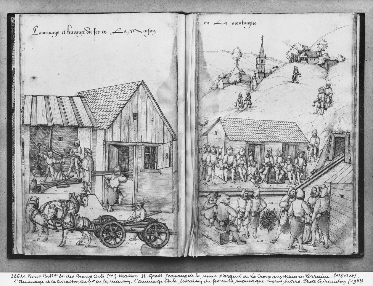 La Croix-aux-Mines、Lorraine、fol.6vand fol.7rの銀鉱山、鉄の供給と配送、c.1530（紙の上にペンとインクとトイレ） 作： ハインリッヒグロスまたはグロフ