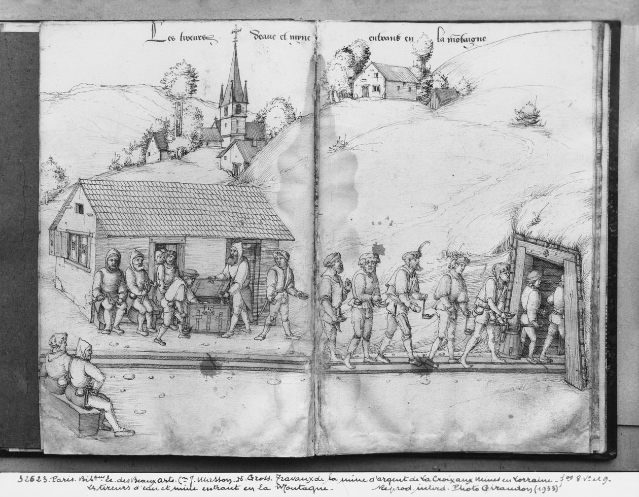 La Croix-aux-Mines、Lorraine、fol.8v、fol.9rの銀鉱山、鉱山に入る鉱夫、c.1530（紙の上にペンとインクとトイレ） 作： ハインリッヒグロスまたはグロフ