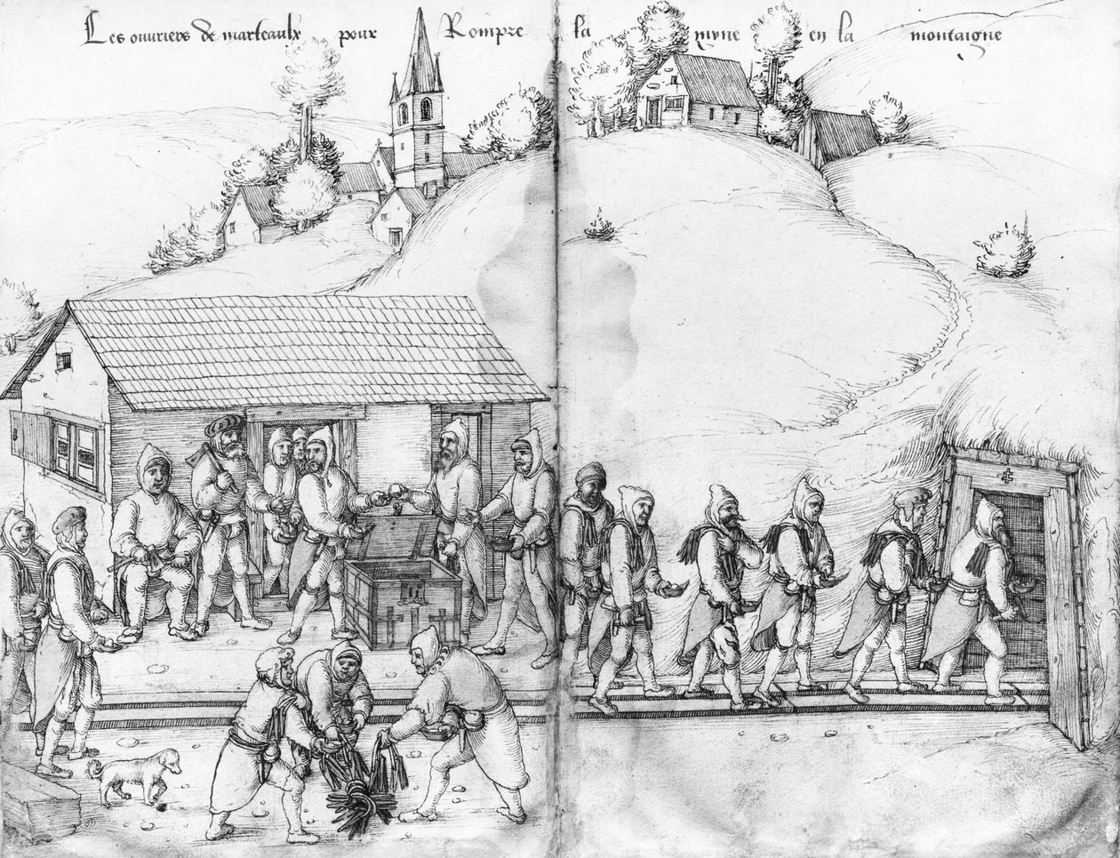 La Croix-aux-Mines、Lorraine、fol.9vおよびfol.10rの銀鉱山、鉱山労働者とそのハンマー、c.1530（紙の上にペンとインクとトイレ） 作： ハインリッヒグロスまたはグロフ
